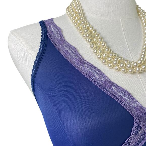 Vintage 1973 Navy Blue Nylon Purple Lace Trim Full Slip Dress Women's Size M - Picture 5 of 10